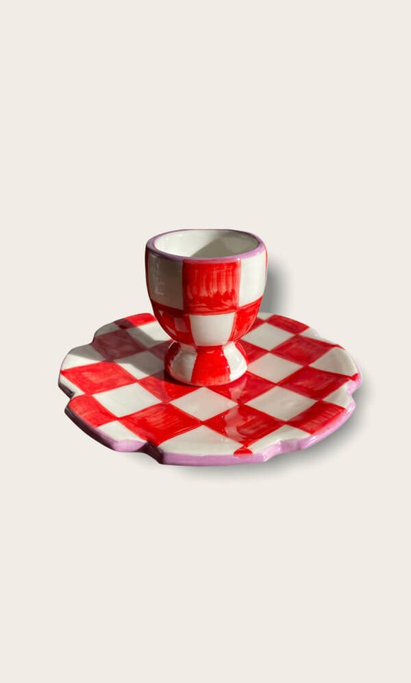 Red Check Egg Cup + small plate