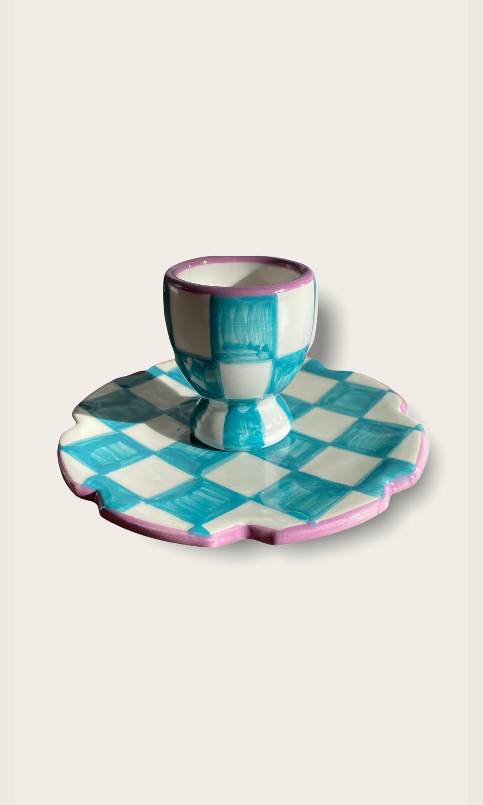 Blue Check Egg Cup + small plate