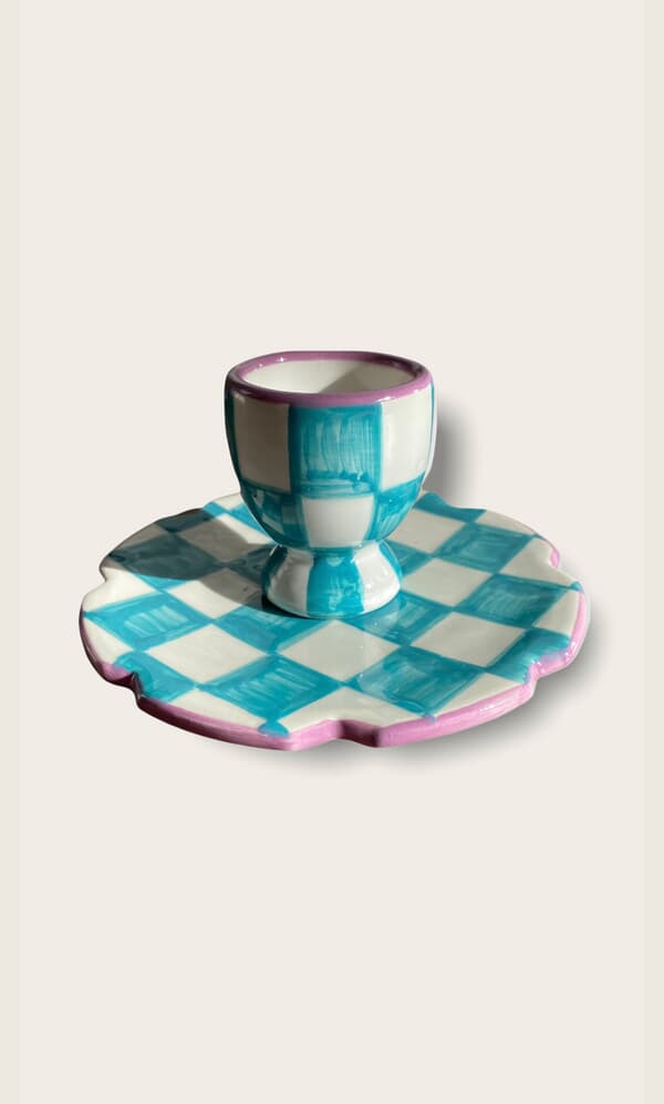 Blue Check Egg Cup + small plate