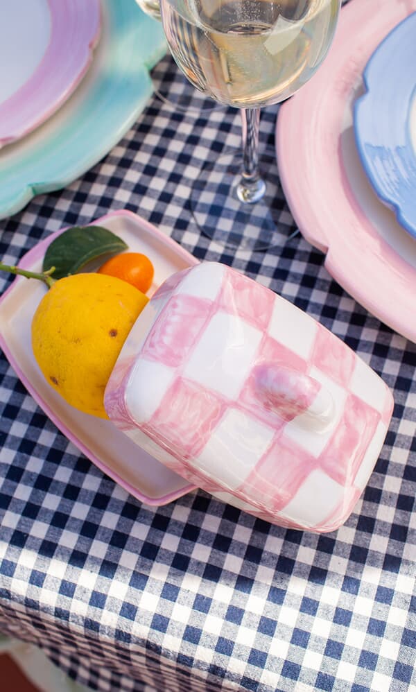 Pink Checkered Butterdish