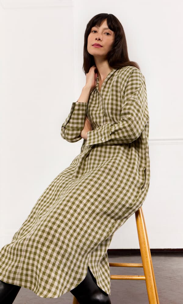 Artist Linen Dress - Olive Gingham