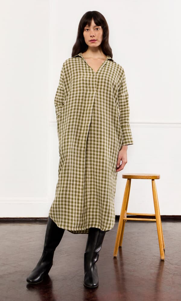 Artist Linen Dress - Olive Gingham