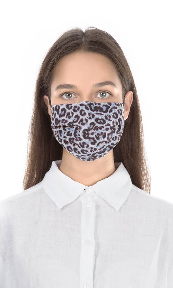 Pleated face mask & pouch - blue leopard