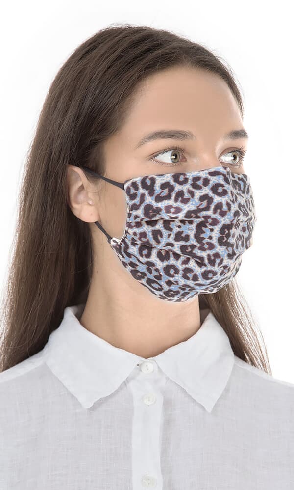 Pleated face mask & pouch - blue leopard